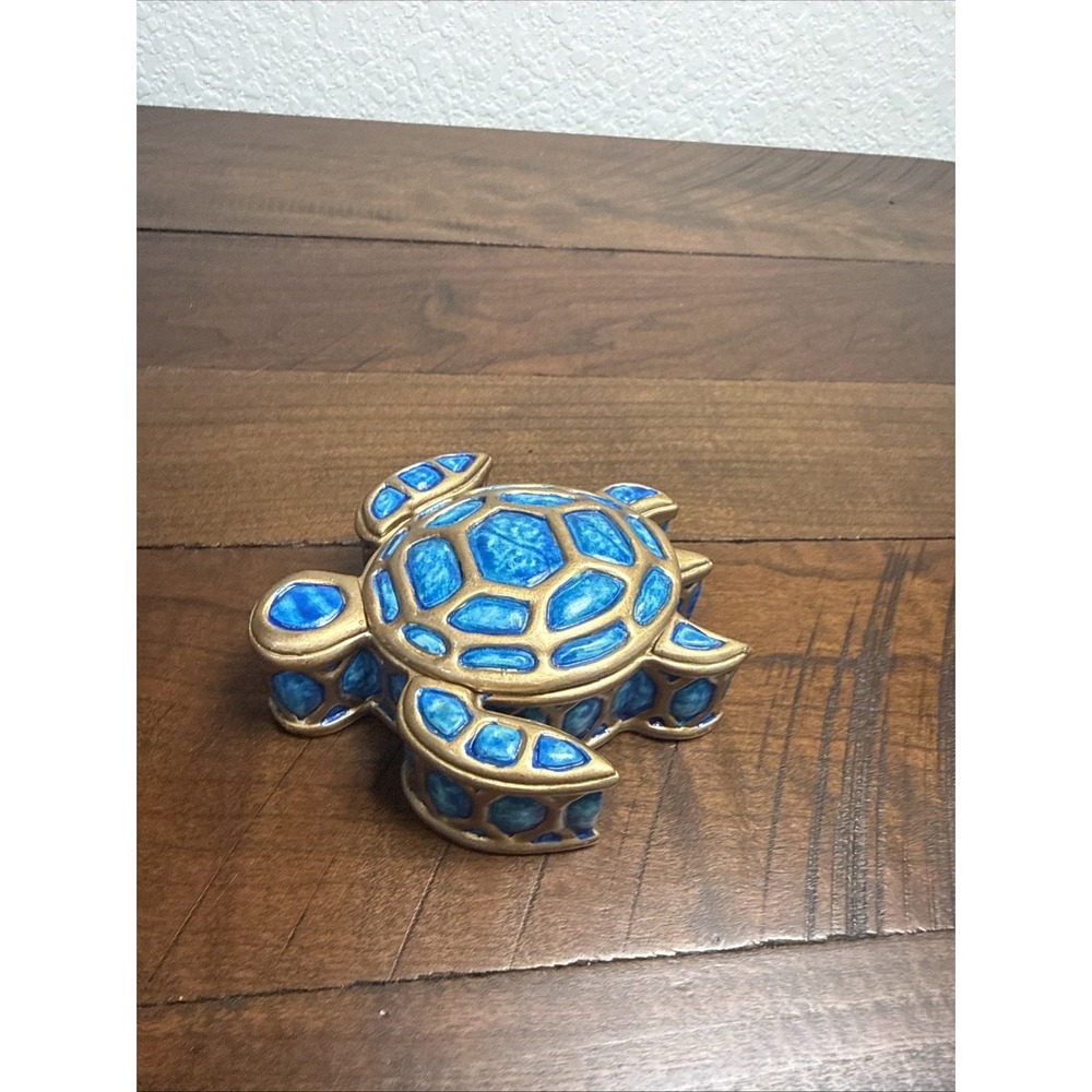 Cute Resin Turquoise and Gold Trimmed Colored Turtle Trinket Box